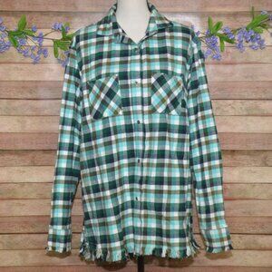 One 24 Rags Womens Green Plaid Flannel Shirt Frayed Trim Button Up Size XXL Fall